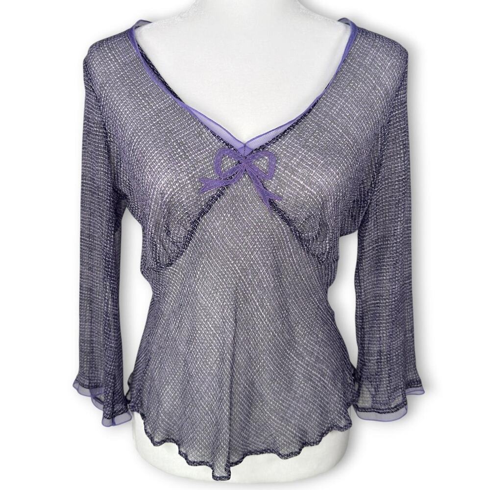 Y2K Silk Mesh Sheer Purple Chiffon Bell Sleeve Top Bow Coquette Fairycore Goth